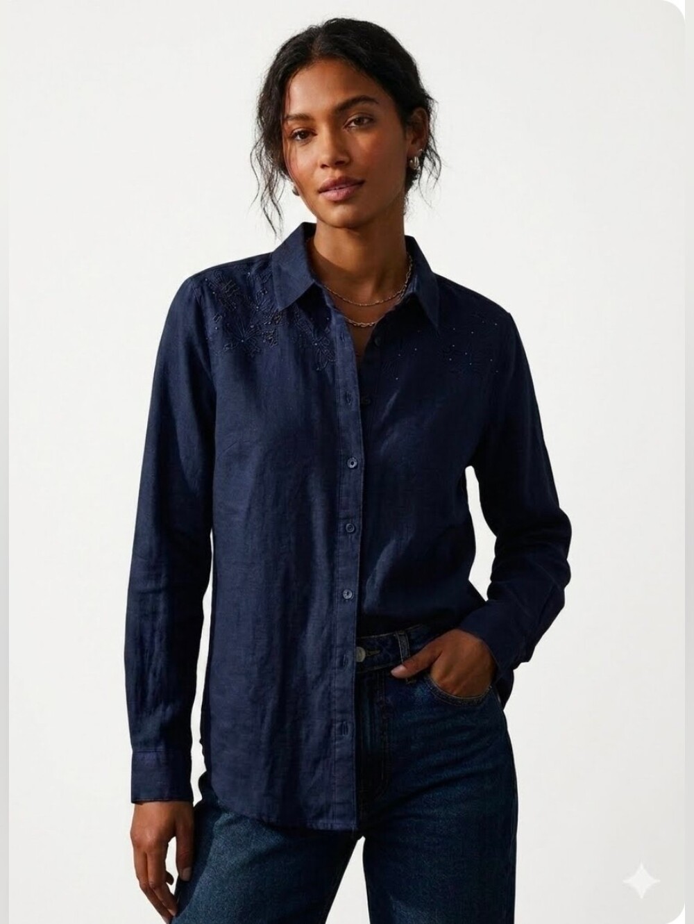 BASS Navy Blue M Eyelet Embroidered Swarowski Lslv Women's Button Down Shirt